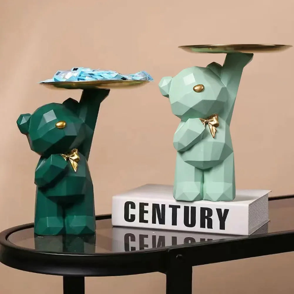 Resin Cute Bear Storage Tray Statue Table Decorations Geometric Bear Statue Entrance Crafts Decor for Office Coffee Shop