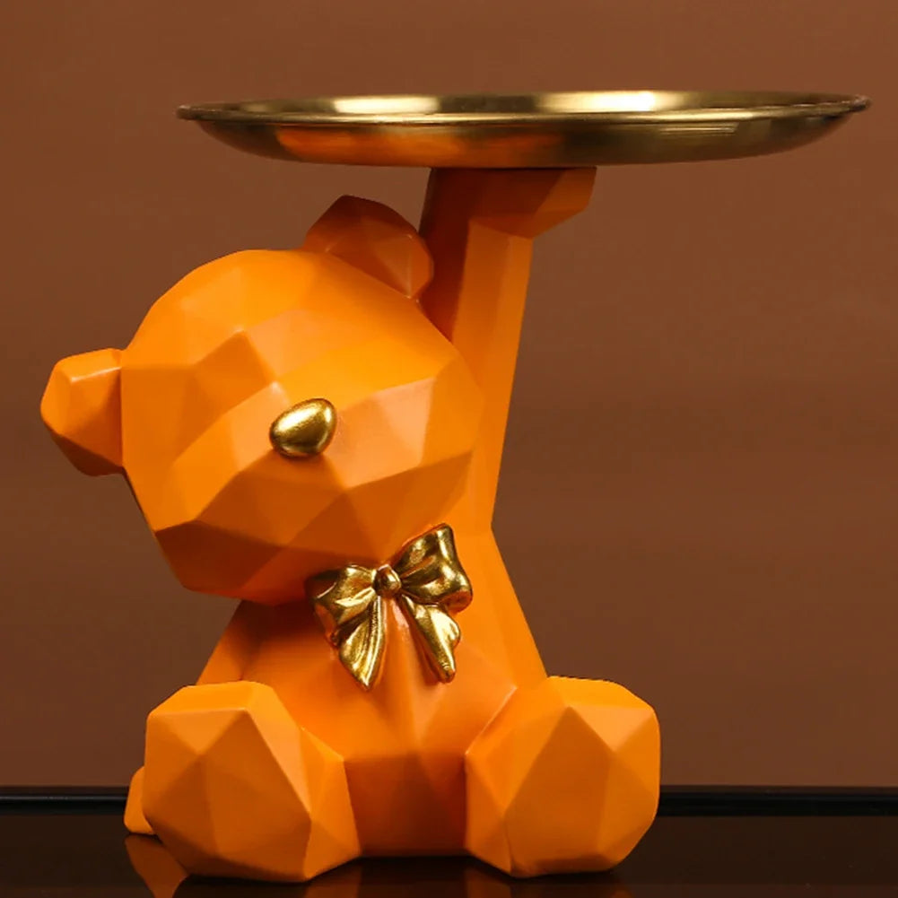 Resin Cute Bear Storage Tray Statue Table Decorations Geometric Bear Statue Entrance Crafts Decor for Office Coffee Shop