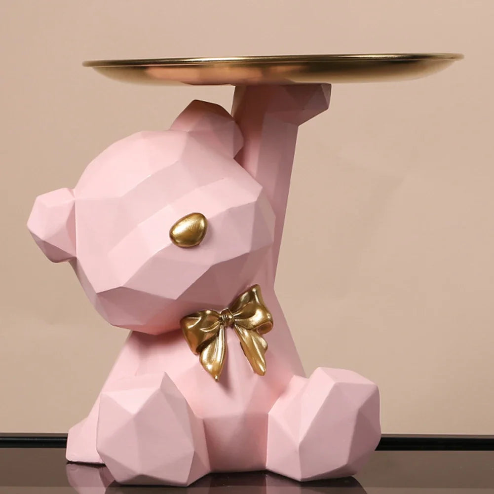 Resin Cute Bear Storage Tray Statue Table Decorations Geometric Bear Statue Entrance Crafts Decor for Office Coffee Shop