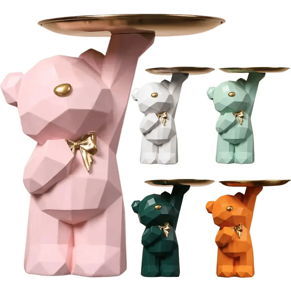 Resin Cute Bear Storage Tray Statue Table Decorations Geometric Bear Statue Entrance Crafts Decor for Office Coffee Shop