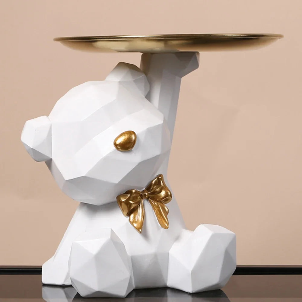 Resin Cute Bear Storage Tray Statue Table Decorations Geometric Bear Statue Entrance Crafts Decor for Office Coffee Shop