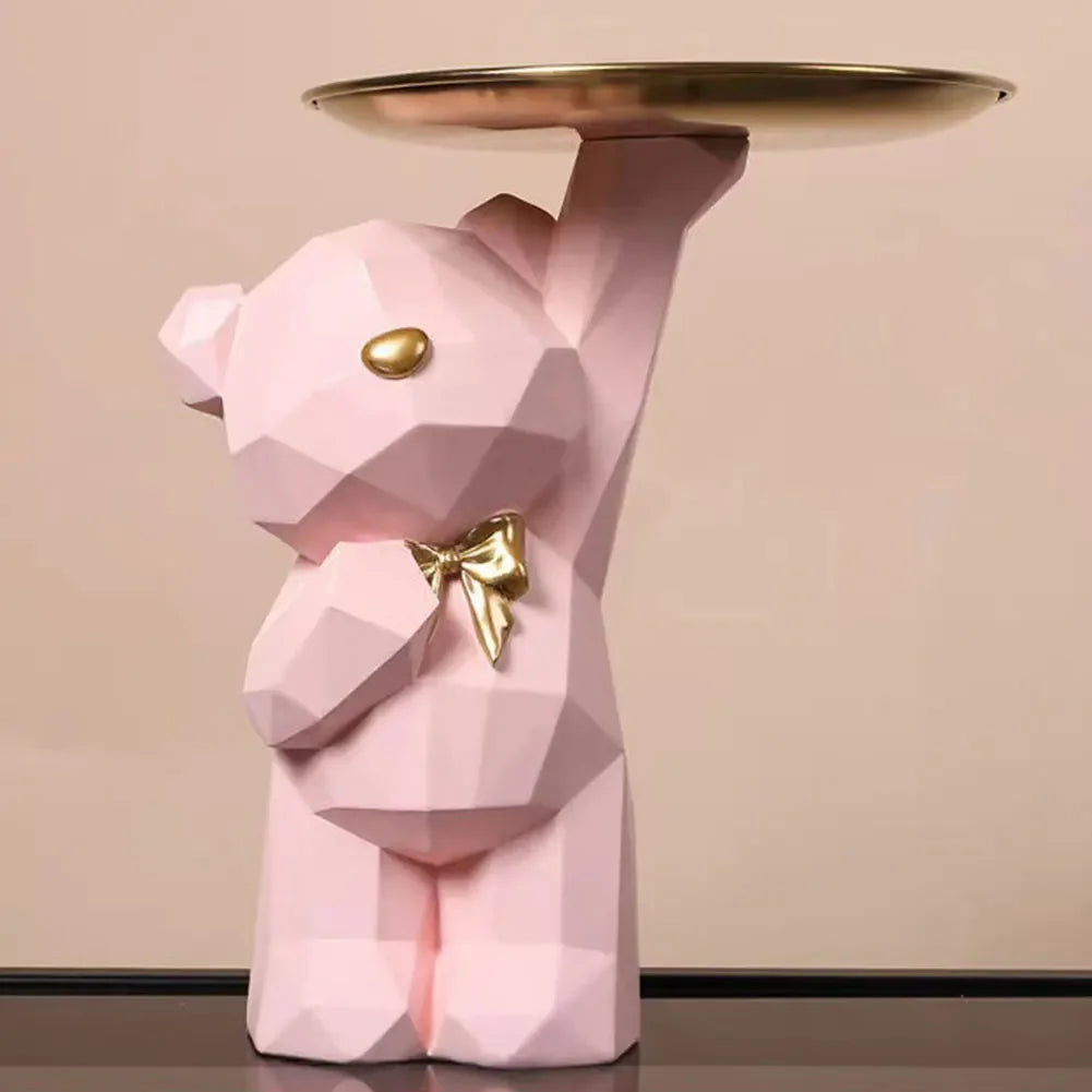 Resin Cute Bear Storage Tray Statue Table Decorations Geometric Bear Statue Entrance Crafts Decor for Office Coffee Shop