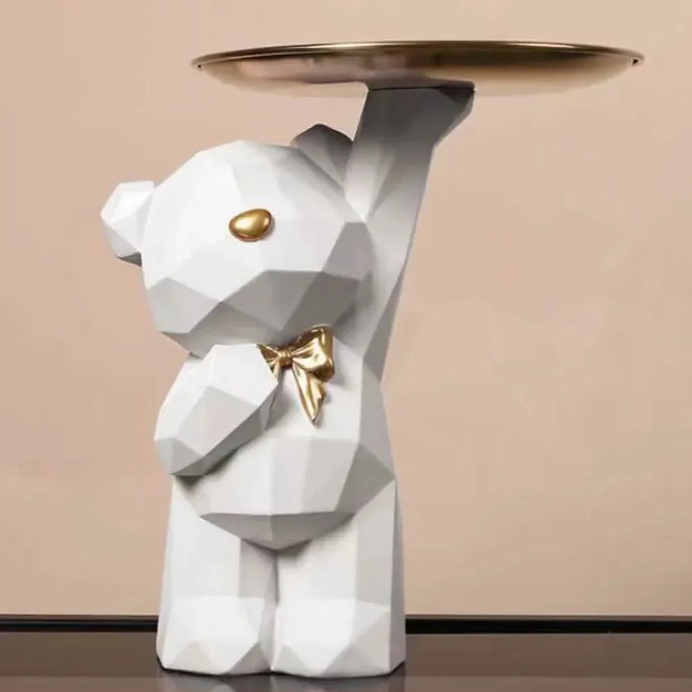 Resin Cute Bear Storage Tray Statue Table Decorations Geometric Bear Statue Entrance Crafts Decor for Office Coffee Shop