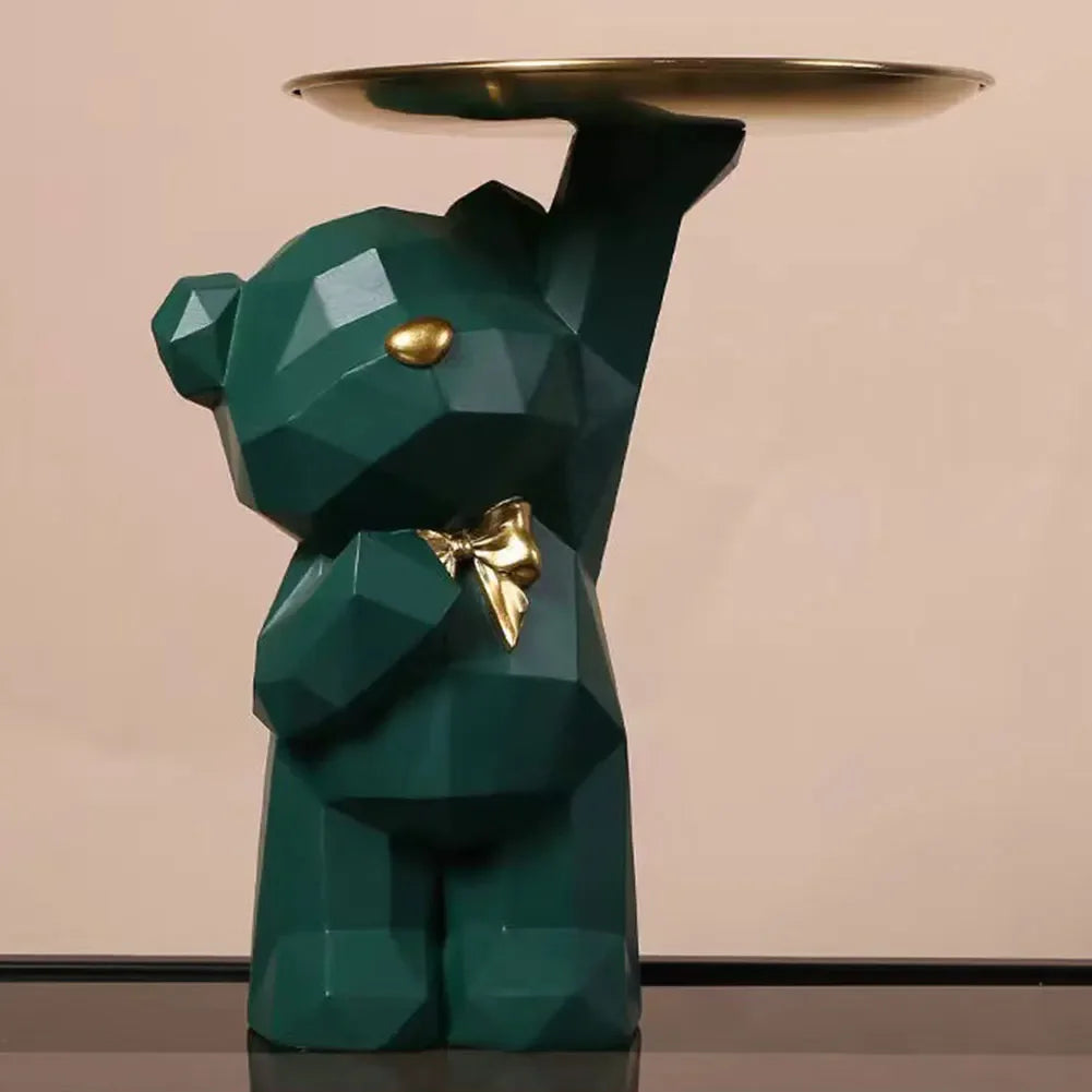 Resin Cute Bear Storage Tray Statue Table Decorations Geometric Bear Statue Entrance Crafts Decor for Office Coffee Shop