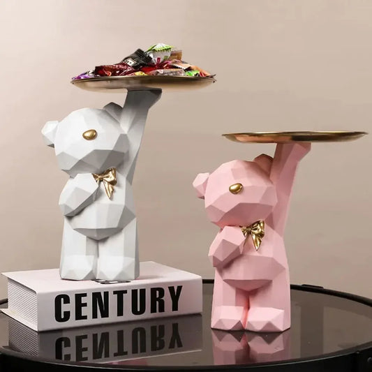Resin Cute Bear Storage Tray Statue Table Decorations Geometric Bear Statue Entrance Crafts Decor for Office Coffee Shop