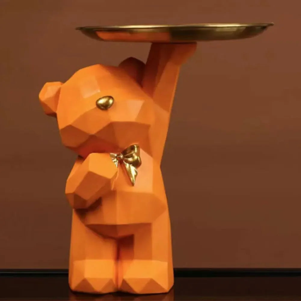 Resin Cute Bear Storage Tray Statue Table Decorations Geometric Bear Statue Entrance Crafts Decor for Office Coffee Shop