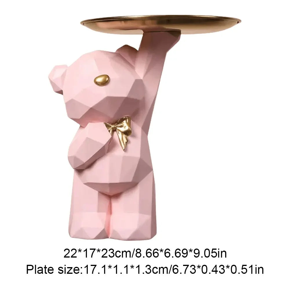 Resin Cute Bear Storage Tray Statue Table Decorations Geometric Bear Statue Entrance Crafts Decor for Office Coffee Shop