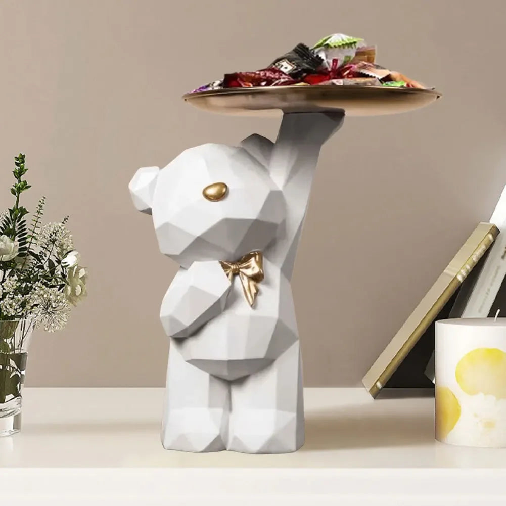 Resin Cute Bear Storage Tray Statue Table Decorations Geometric Bear Statue Entrance Crafts Decor for Office Coffee Shop