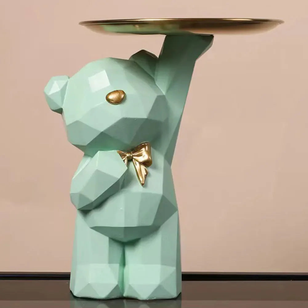 Resin Cute Bear Storage Tray Statue Table Decorations Geometric Bear Statue Entrance Crafts Decor for Office Coffee Shop